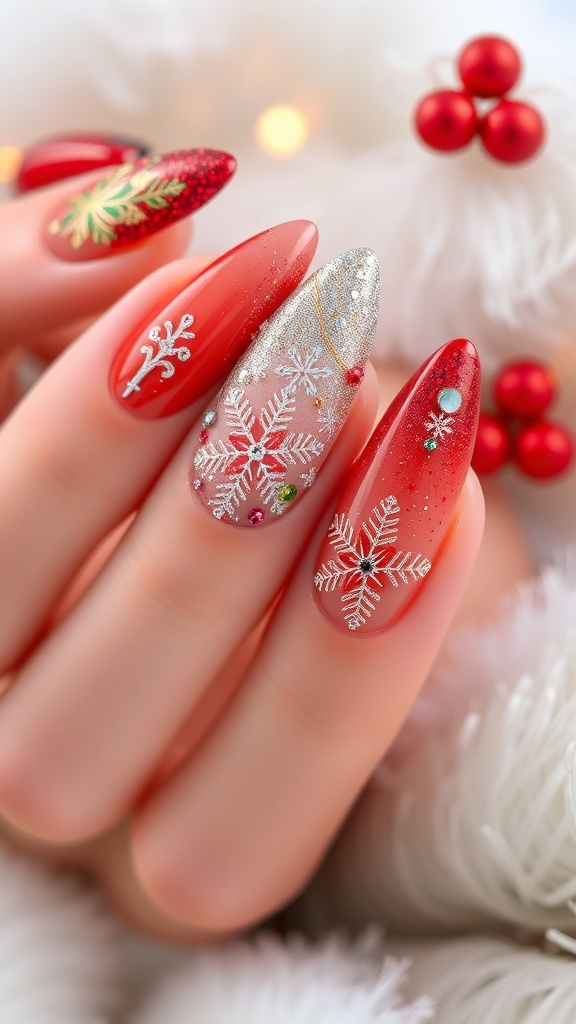 Elegant Almond-Shaped Christmas Nail Art Elegant almond-shaped Christmas nails with red, green, and gold designs, featuring snowflakes and glitter.